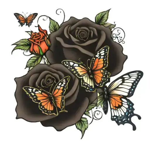 Roses and Butterflies with names Deniya and Delta tattoo design idea