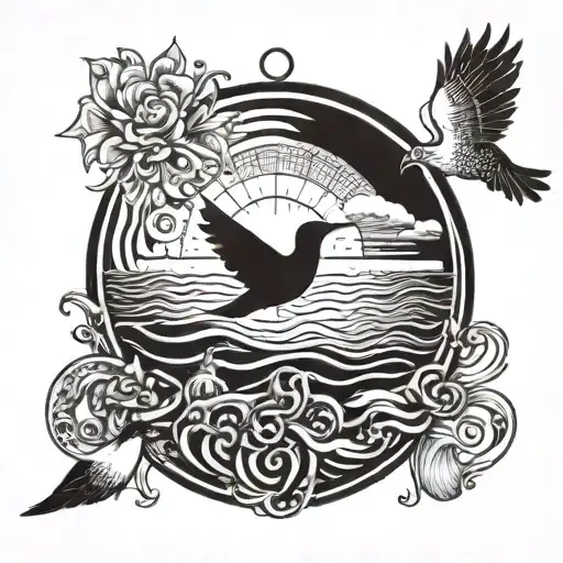 sunrise, ocean waves, bird created by word "serenity", 2 child drawn hearts, compass  tattoo design idea