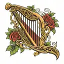 Irish harp in front of tartan background  tattoo design idea