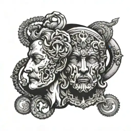 Two-faced Janus God surrounded tattoo design idea
