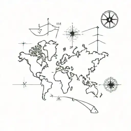 world map with compass with a G as north must include the names Mila, Grady, Mara  tattoo design idea
