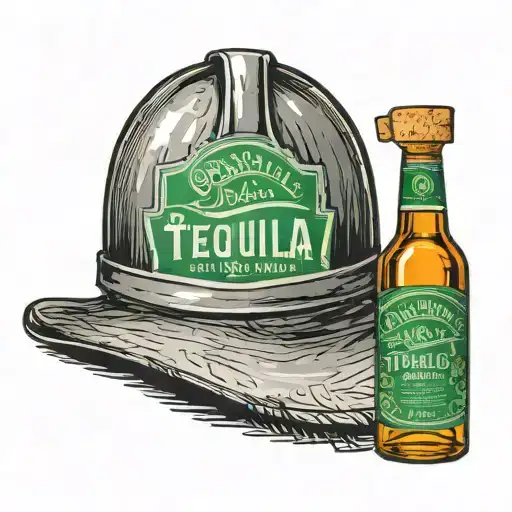 Tequila Bottle with green label, a hard hat with the state of arkansas, with a cork top. tattoo design idea