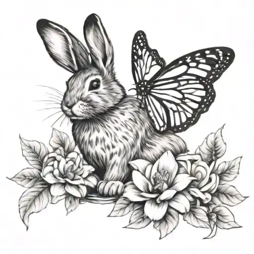 Black and white bunny surrounded by flowers and a monarch butterfly  tattoo design idea