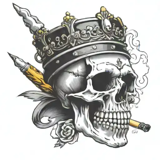 Skull smoking a cigarette with half tin hat and queen crown tattoo design idea