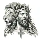 Jesus with cross and lion roaring tattoo design idea