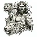 Jesus with cross and lion roaring tattoo design idea