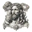 Jesus with cross and lion roaring tattoo design idea