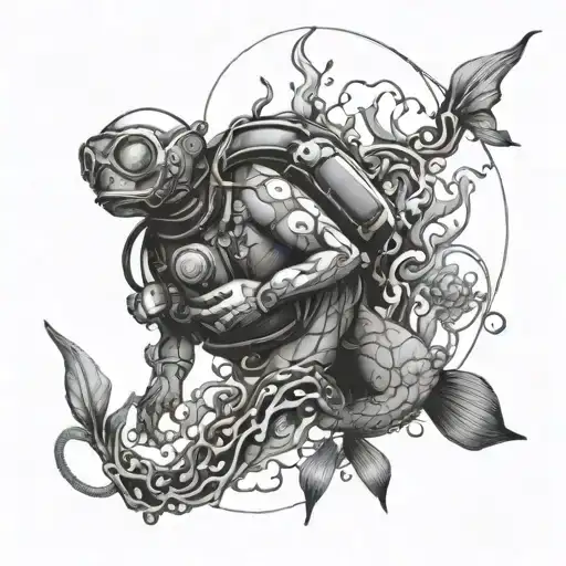 A detailed underwater anatomy illustration with a scuba diving theme tattoo design idea