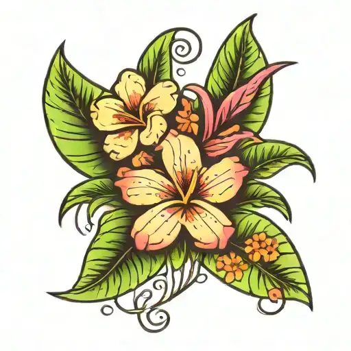 stich hawaii flowers with palm around tattoo design idea
