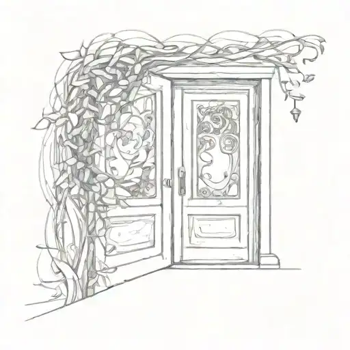 A half-open door with delicate wind patterns weaving through it tattoo design idea