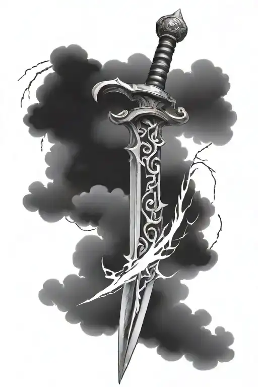 sword up and down in lightning clouds single rows center on top tattoo design idea