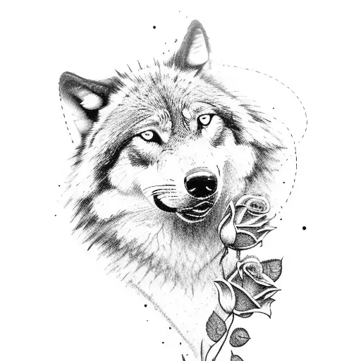 black and gray wolf with red roses around it tattoo design idea