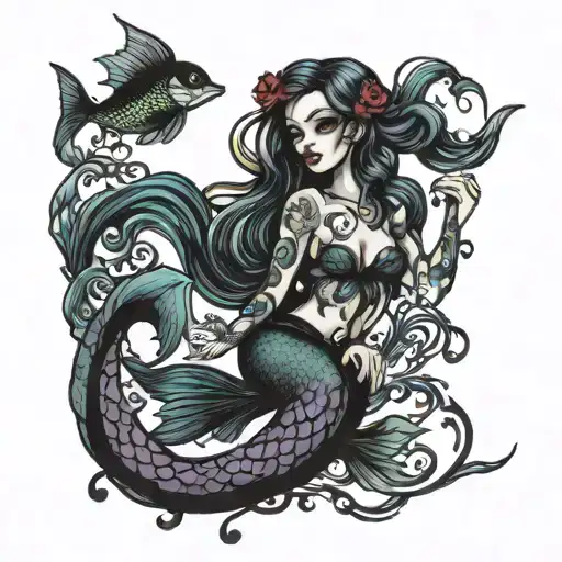 goth siren mermaid tattoo design idea