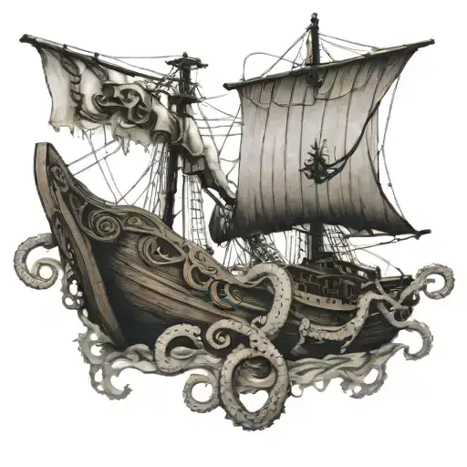 kraken wrapping tentacles around wooden ship.   tattoo design idea
