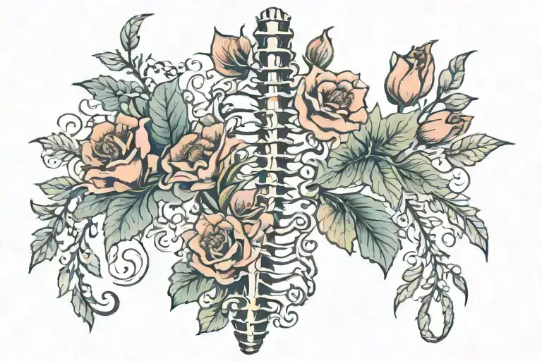 spine and flowers growing tattoo design idea