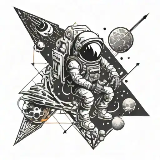 dead astronaut surrounded by destroyed planets being devoured by a space creature tattoo design idea