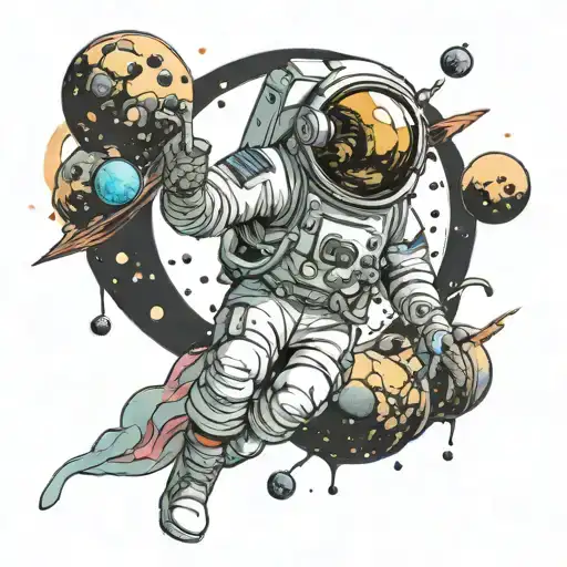 dead astronaut surrounded by destroyed planets being devoured by a space creature tattoo design idea