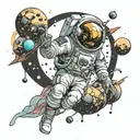 dead astronaut surrounded by destroyed planets being devoured by a space creature tattoo design idea