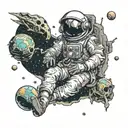 dead astronaut surrounded by destroyed planets being devoured by a space creature tattoo design idea