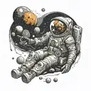 dead astronaut surrounded by destroyed planets being devoured by a space creature tattoo design idea