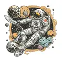 dead astronaut surrounded by destroyed planets being devoured by a space creature tattoo design idea