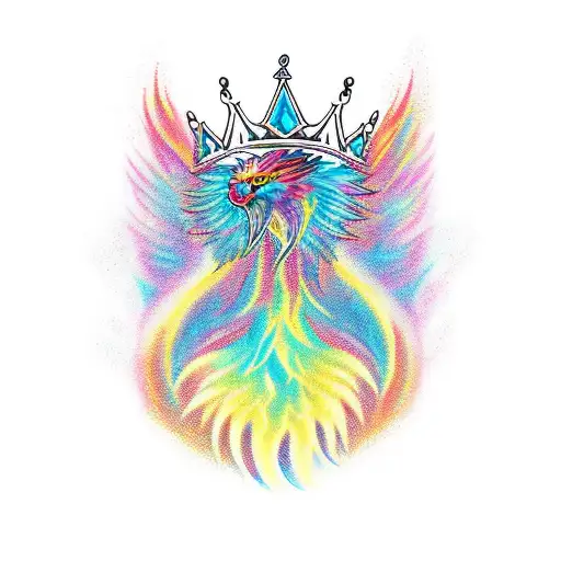 A phoenix rising from the ashes with a crown on its head tattoo design idea