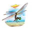 A dragonfly gracefully flying over a serene lake, symbolizing resilience and strength tattoo design idea