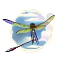 A dragonfly gracefully flying over a serene lake, symbolizing resilience and strength tattoo design idea