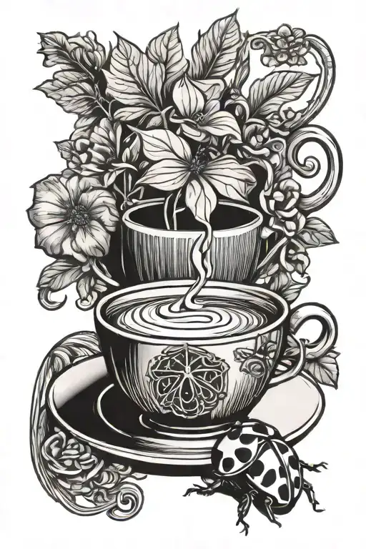 cup of coffee and a ladybug tattoo design idea