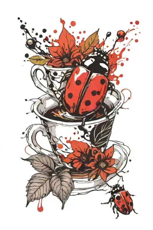 cup of coffee and a ladybug tattoo design idea