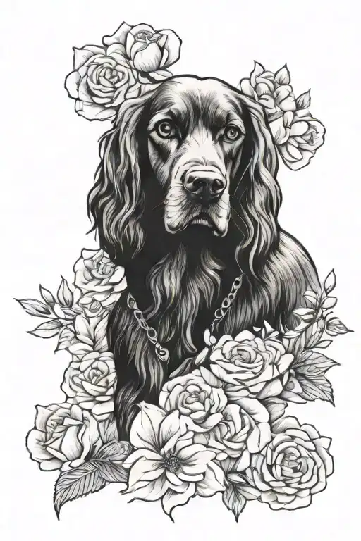 flowers and cocker spaniel dog tattoo design idea