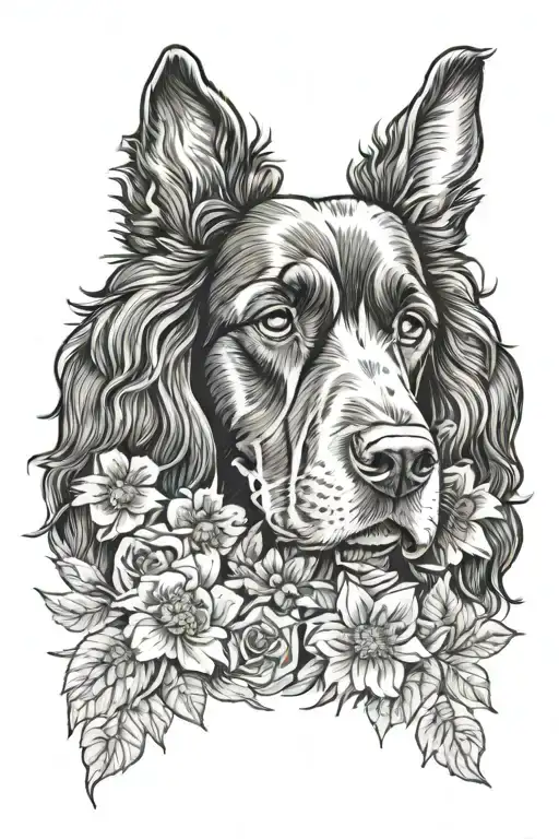 flowers and black cocker spaniel head tattoo design idea