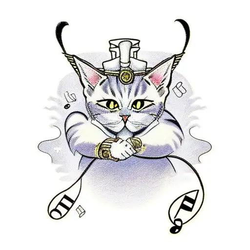A cat dressed up as a character from their favorite anime, surrounded by musical notes tattoo design idea