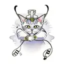 A cat dressed up as a character from their favorite anime, surrounded by musical notes tattoo design idea