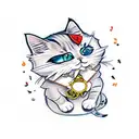 A cat dressed up as a character from their favorite anime, surrounded by musical notes tattoo design idea