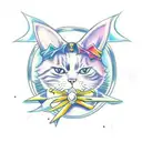 A cat dressed up as a character from their favorite anime, surrounded by musical notes tattoo design idea