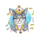 A cat dressed up as a character from their favorite anime, surrounded by musical notes tattoo design idea