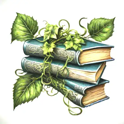stack of books and vines wrapping tattoo design idea