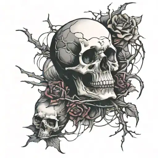 thorns, misery in waking hours, burgundy, rotten souls, drag em' to the river, evil, skulls, death, depression, suicide tattoo design idea