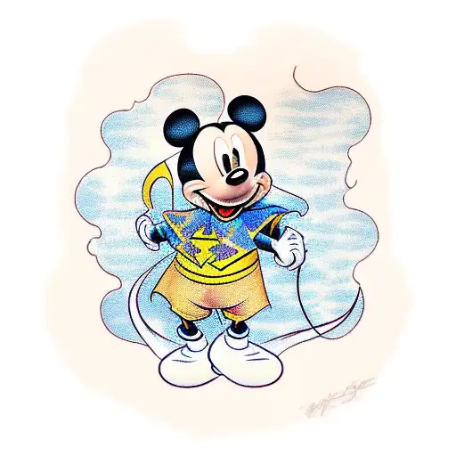 A traditional-style tattoo of Mickey Mouse wearing a superhero cape tattoo design idea