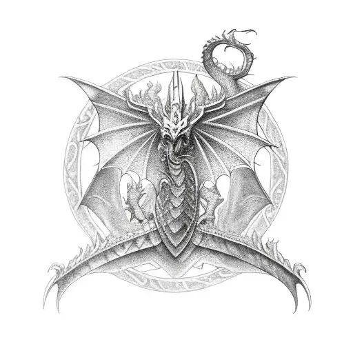 medieval tribal dragon on chest with tail wrapped around a sword down arm tattoo design idea