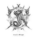 medieval tribal dragon on chest with tail wrapped around a sword down arm tattoo design idea
