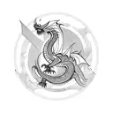 medieval tribal dragon on chest with tail wrapped around a sword down arm tattoo design idea