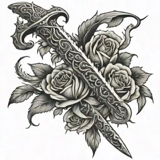 Zulfiqar shia sword wrapped with a thorn and roses growing tattoo design idea