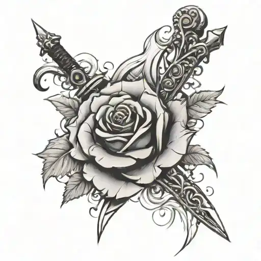 Zulfiqar sword wrapped with a thorn and roses growing tattoo design idea