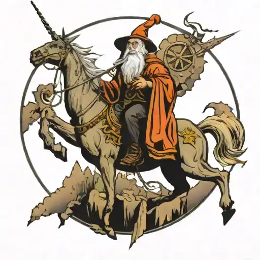 A surreal scene of a wizard riding a unicorn through a portal to a sci-fi world tattoo design idea