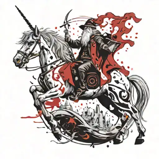 A surreal scene of a wizard riding a unicorn through a portal to a sci-fi world tattoo design idea