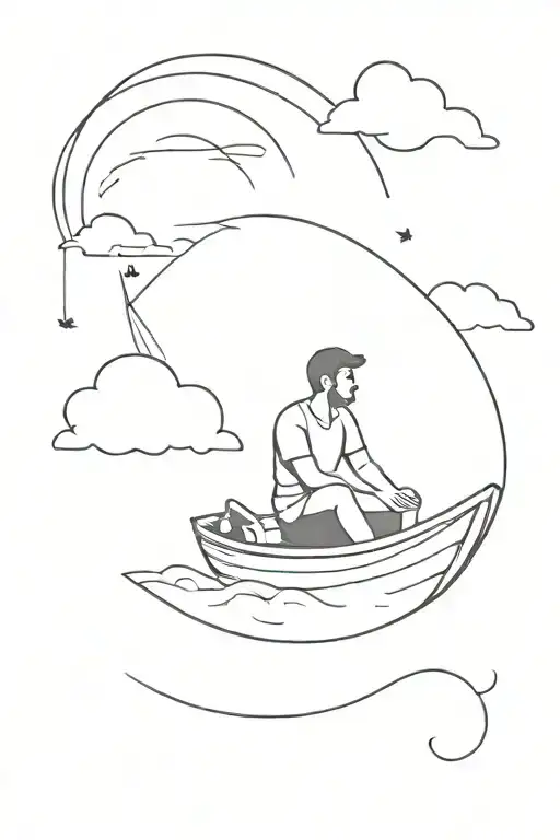a minimal design which a man sitting on a boat sailing forward between occasion in a day light with clouds on sky tattoo design idea