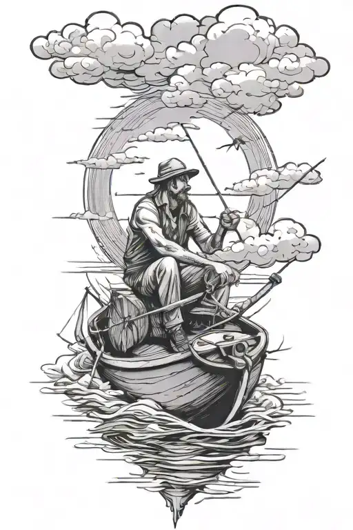 a man sitting on a boat sailing forward and fishing between occasion in the day light with clouds on the sky tattoo design idea
