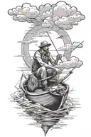 a man sitting on a boat sailing forward and fishing between occasion in the day light with clouds on the sky tattoo design idea